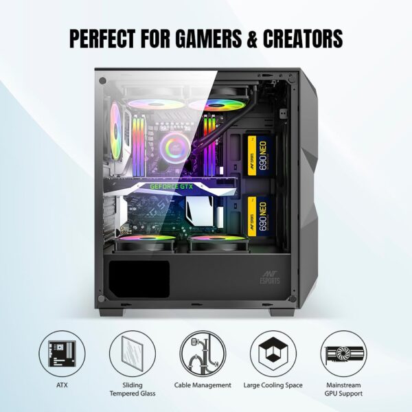 Ant Esports ICE-300 Mesh – Black Mid-Tower Gaming Cabinet with 4 Pre-Installed Fans - Image 5