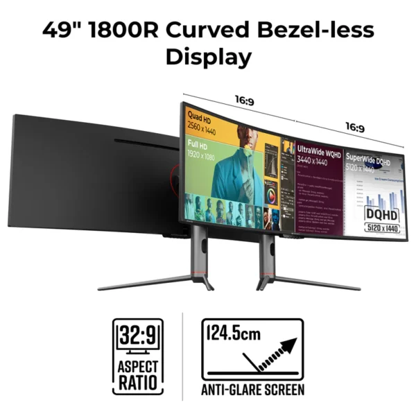 ZEBRONICS N49A 49"" (124.5 cm) 1800R Curved Ultrawide Gaming Monitor, DQHD 5120x1440, 400Nits, 120Hz, 1ms MPRT, HDR400, 99% sRGB | 95% DCI-P3, Adaptive Sync, 2 x (DP | HDMI | USB) + Type C - Image 2